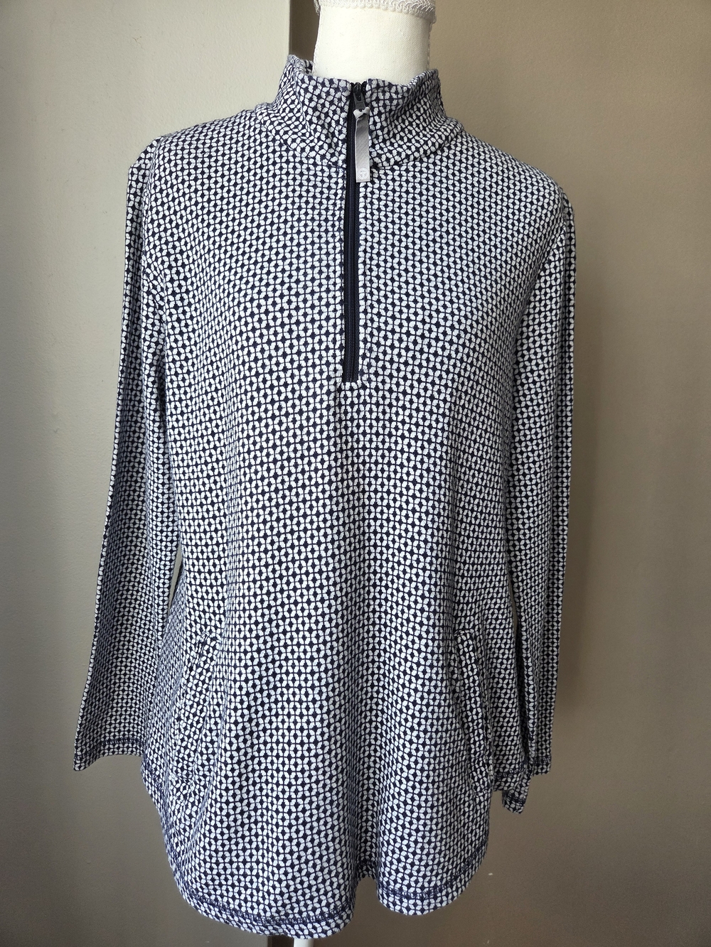 T by Talbots Navy White Geo Print Quarter Zip Pullover Size M